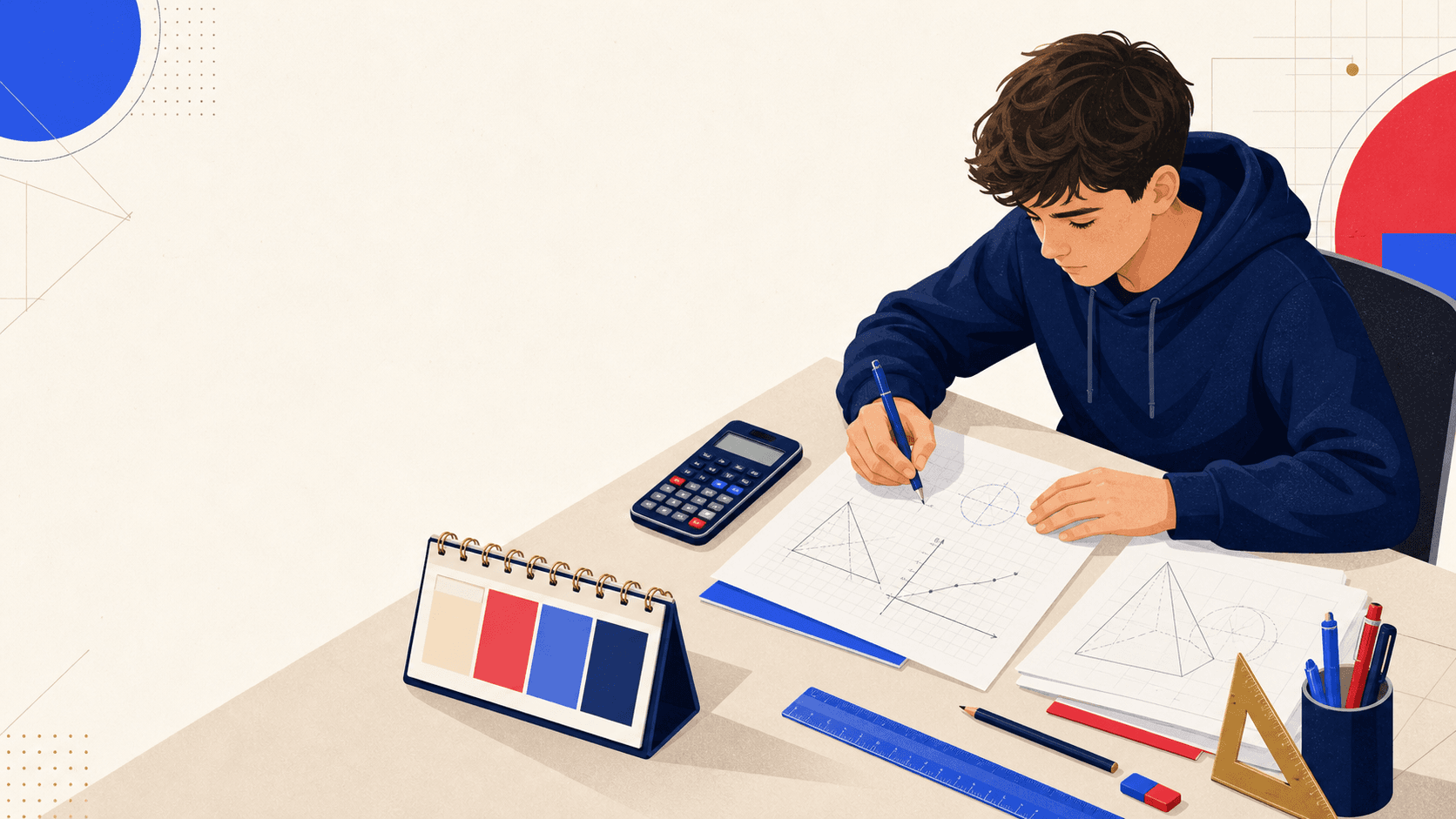 Schüler arbeitet konzentriert an einem Mathematik-Lernplan mit Geometrie-Aufgaben